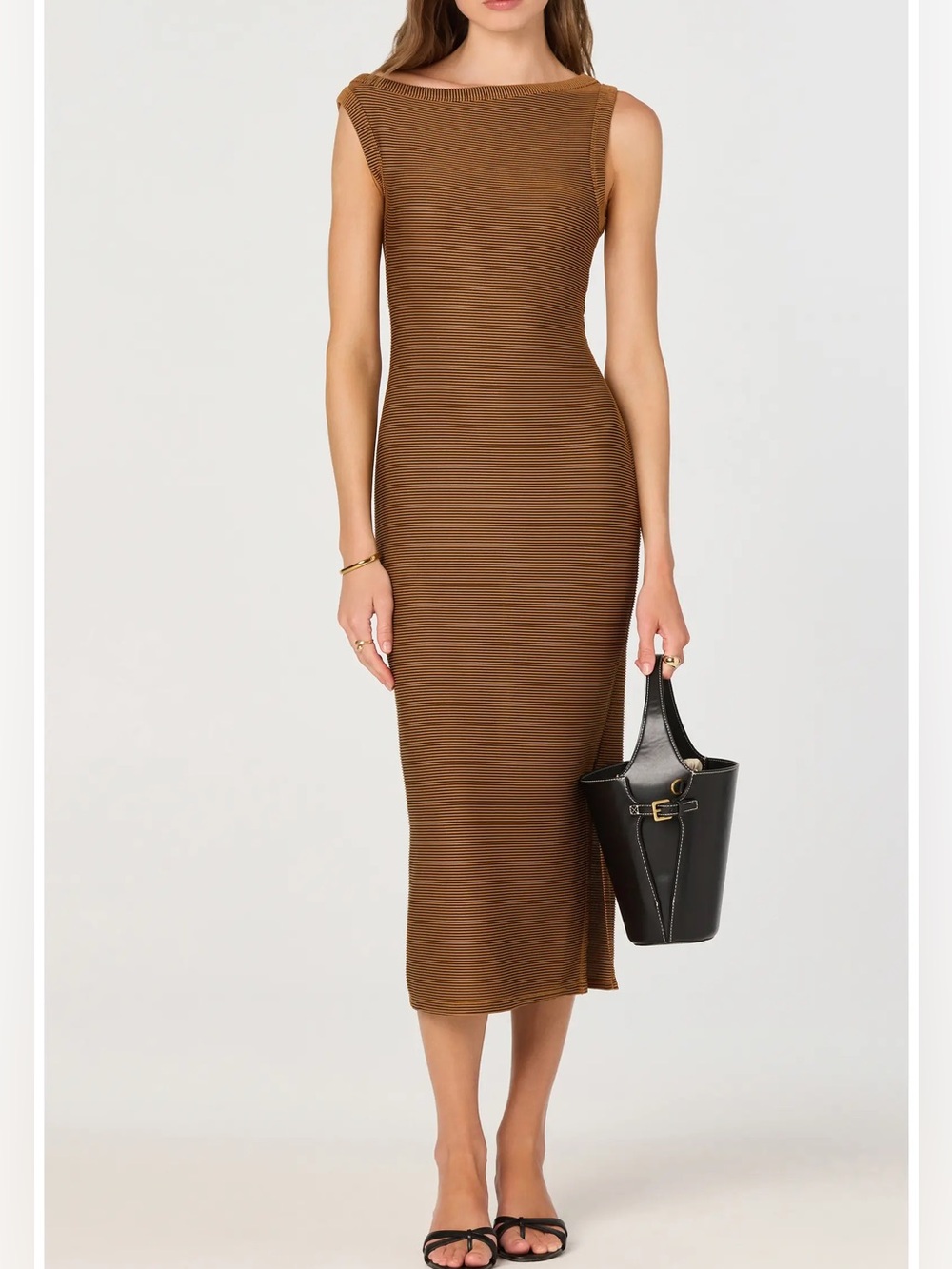 ASTR the Label Sleeveless Asymmetric Ribbed Knit Midi Dress in Brown XL